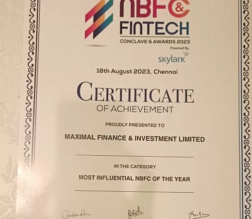 Maximal Finance recognized as “Most Influential NBFC of the Year” at the 15th NBFC & Fintech Award 2023