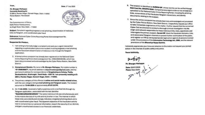 ​Same Malicious Link Sent to Three Family Members’: Complaint Seeks Delhi Police Probe into Telegram Scam
